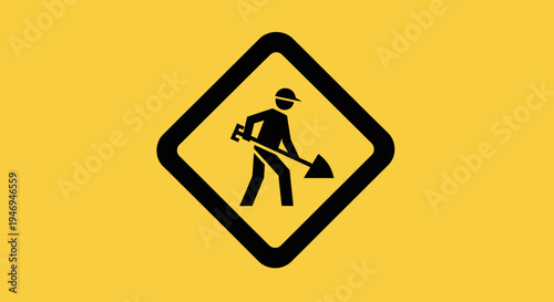 A yellow diamond-shaped road sign with a black silhouette of a person wearing a hard hat and holding a shovel, indicating construction or road work ahead.