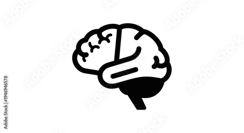 Stylized black and white icon of a human brain, depicting the cerebrum and cerebellum from a side view, representing thought and intelligence.