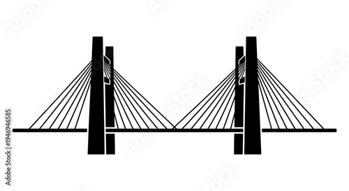 Black and white minimalist illustration of a modern cable-stayed bridge with two prominent towers and radiating support cables.
