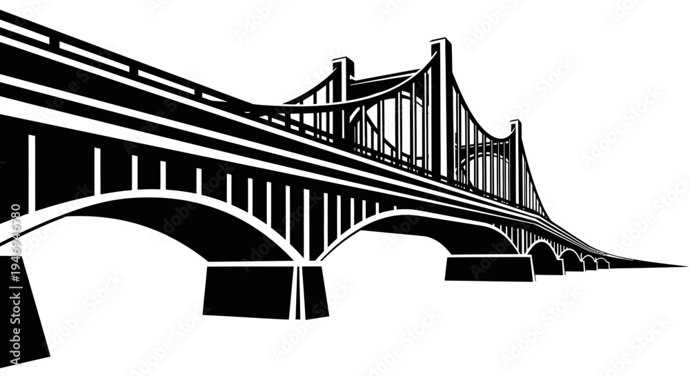 Fototapeta premium Strong Arched Bridge Silhouette Architecture on Isolated White Background