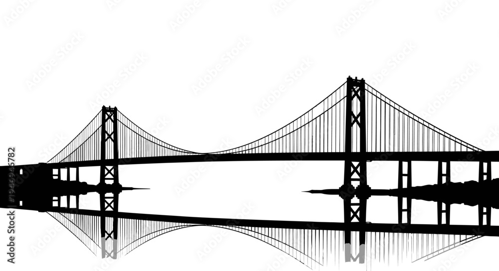 Obraz premium Iconic Suspension Bridge Silhouette with Reflection on Isolated White Background