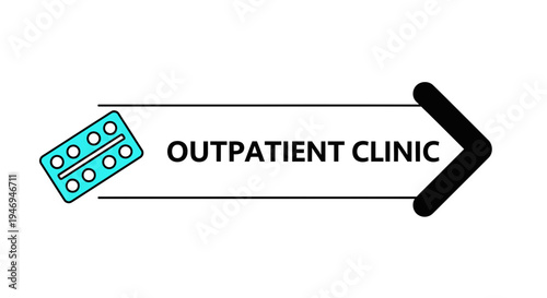 Outpatient Clinic Logo Design With Pills, Arrow, And Black Text On White Background