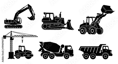 Silhouettes of heavy construction machinery and equipment including excavator, bulldozer, loader, crane, roller, concrete mixer, and dump truck.