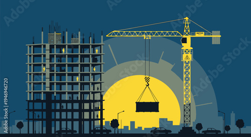 Construction site with towering crane lifting heavy load against a city skyline at sunset.