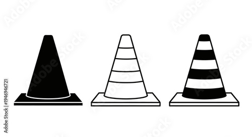 Three graphic representations of traffic cones, including a solid black silhouette, an outline, and a striped version, used for road safety and construction warnings.