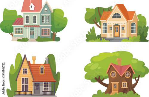 Charming collection of four stylized houses with unique architectural features, surrounded by lush green trees, evoking a cozy, idyllic neighborhood.