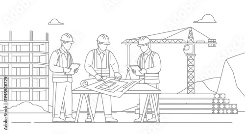 Outline illustration of three construction workers reviewing blueprints on a building site with a crane and unfinished structure in the background.