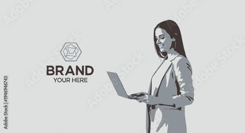 Professional woman working on a laptop with brand logo presentation in a modern studio.