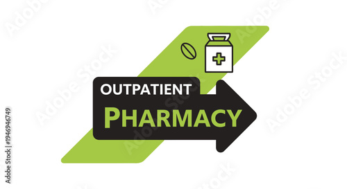 Outpatient Pharmacy Branding Concept: Directional Arrow with Pill and Medicine Container Graphic