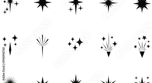 Black Fireworks, Explosions, Starbursts, Vector Icons, Graphic Elements, 20 Firework Symbols