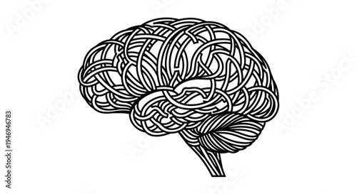 Intricate Line Art Human Brain Illustration on Isolated White Background