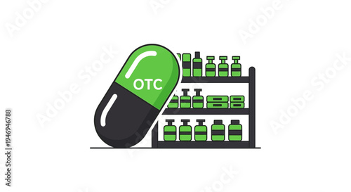Over The Counter Medicine Displayed Alongside a Large Pill in Green and Black Color