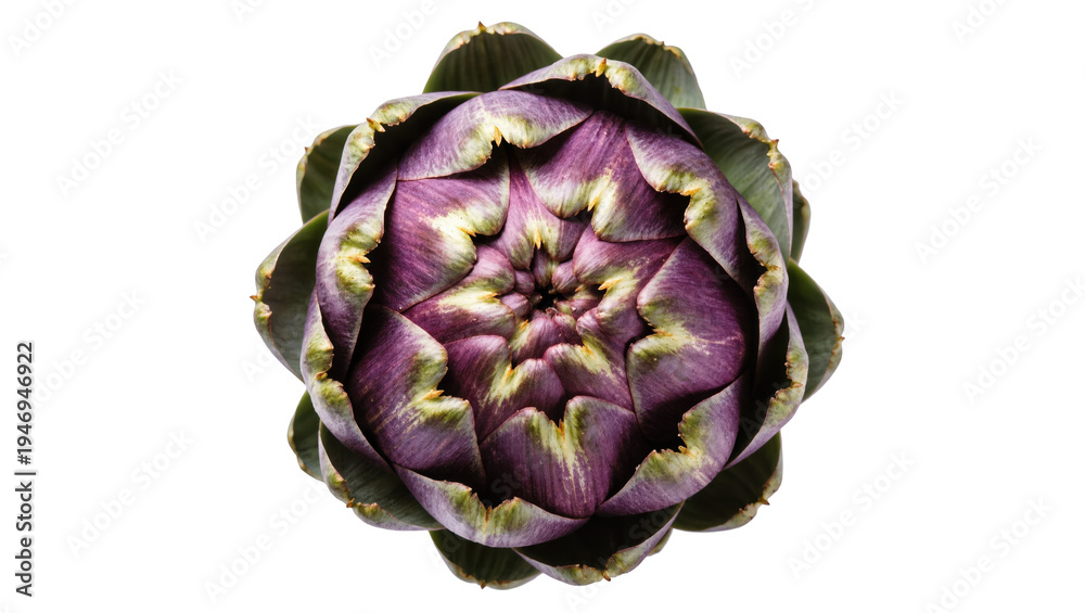 Obraz premium Isolated fresh raw artichoke with vibrant purple and green leaves, perfect for healthy gourmet food.