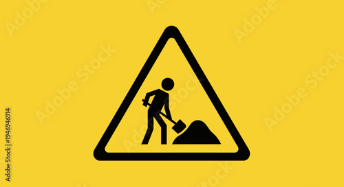 Yellow Triangular "Men at Work" Road Sign with Person Digging Silhouette, Safety Warning