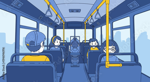 Passengers Inside Public Transportation Bus, Minimalist Artistic Illustration Style Design