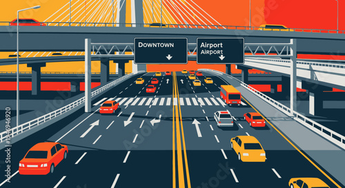 Busy Urban Highway with Multiple Lanes and Traffic During Sunset, City Signage