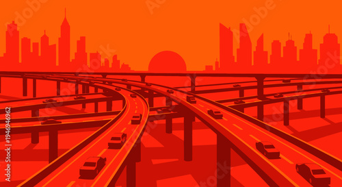Urban Highway Interchange at Sunset with City Skyline in Orange Hues, Busy Traffic Commuting