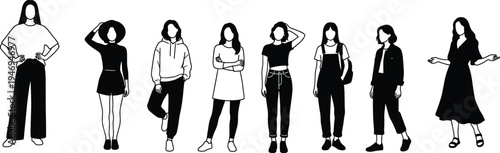 Young Women Character Silhouette Set with Casual Fashion Standing Female Figures Modern Girls Collection Isolated on White Background