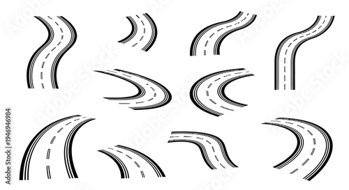 Set of winding road segments with dashed lines, isolated white background.