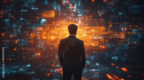 The silhouette of a person against a backdrop of digital streams symbolises the technological revolution, providing a backdrop for discussions on innovation and the future of business.