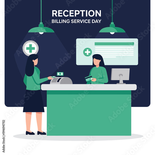 Patient Interaction: Reception Desk Scene Depicting Billing, Service, And Healthcare Environment