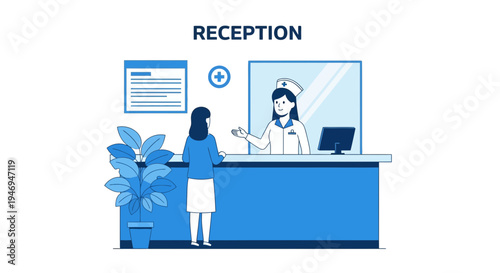 Patient Meeting Doctor at Reception Desk in a Medical Office illustration
