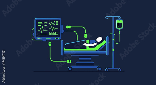 Patient Monitoring in the Intensive Care Unit Depicted with Modern Graphic Style