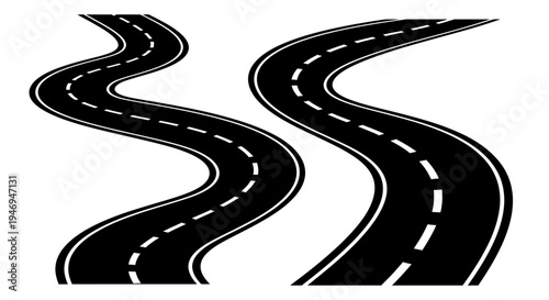 Winding Asphalt Road with Dashed White Lines on isolated white background.