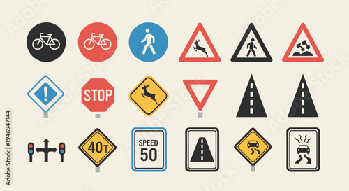 Comprehensive Collection of Various Road Traffic and Warning Signs on a Light Beige Background.