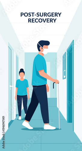 Patient Navigating Hospital Corridor During Post-Surgery Recovery, Supported by Attendant
