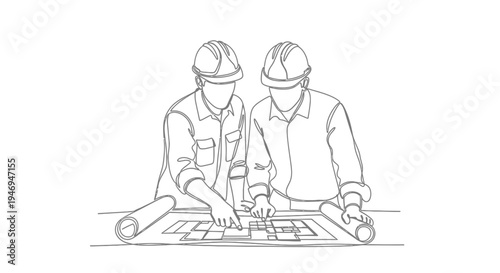 Two Male Architects Collaborating on Blueprints and Building Plans, line art on isolated white background.