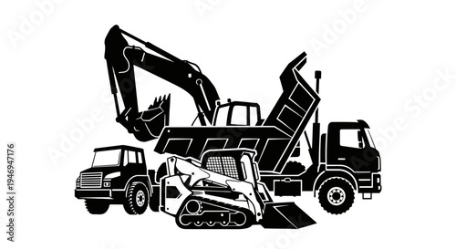 Collection of Heavy Construction Vehicles Silhouette on isolated white background.