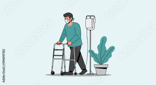 Patient Navigating Recovery and Wellbeing with Walker in Modern Illustration Style