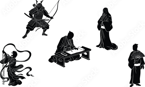 Traditional Japanese culture silhouettes set featuring samurai archer, geisha dancer, calligraphy writer, kimono figures and historical Asian heritage characters