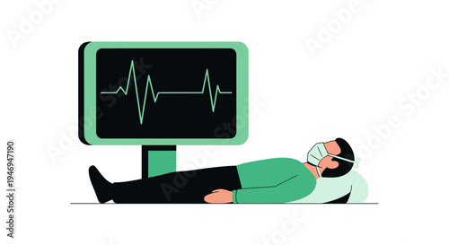 Patient In Bed With Vital Signs Monitored, Illustrated Medical Healthcare Concept