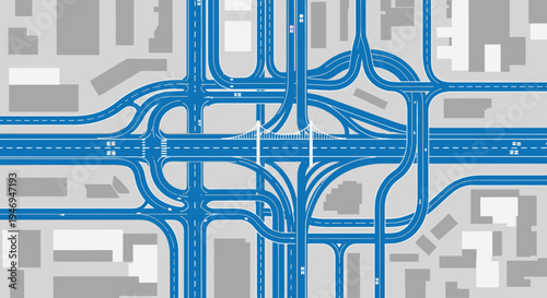 Complex Aerial View of Blue Highway Interchange and Overpass System in Urban Area with grey background.