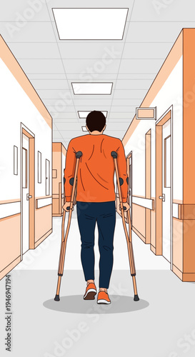 Patient Navigating Hospital Corridor with Crutches Depicting Recovery and Mobility Challenges