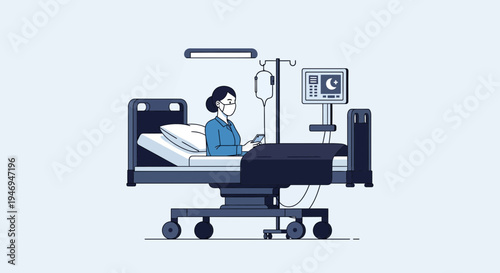 Patient In Hospital Bed Wearing Mask Using Phone During Medical Treatment Process