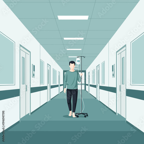 Patient In Hospital Corridor Undergoing Medical Treatment With Intravenous Drip Infusion