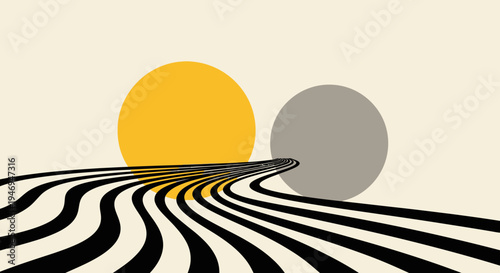 Abstract Retro Landscape with Striped Road Towards Sun and Moon on Cream Background