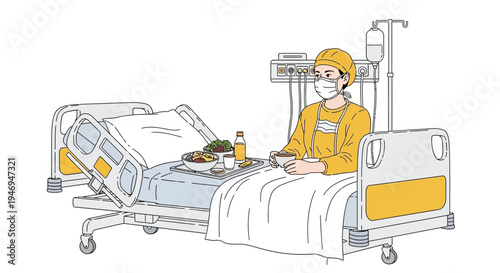 Patient Recovering In Hospital With Food And IV Bag While Wearing Mask