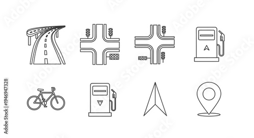 Line Art Road and Navigation Icons Set on Isolated White Background