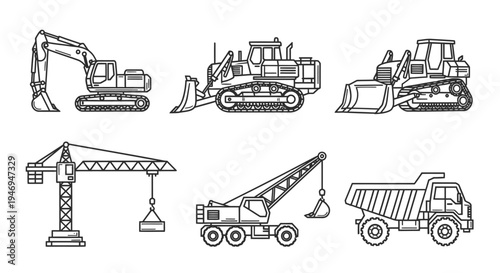 Outline Construction Machinery Set with Crane and Dump Truck Isolated White Background