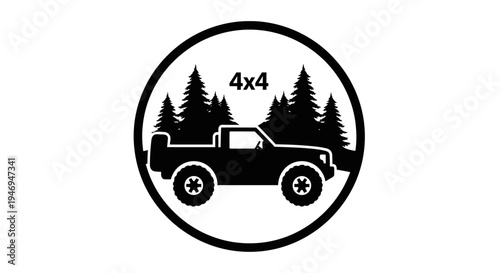 Black Silhouette 4x4 Pickup Truck with Pine Trees in Circle on White Background
