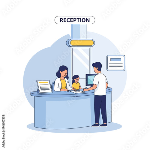 Patient Registration And Assistance At A Healthcare Facility Reception Desk Illustration