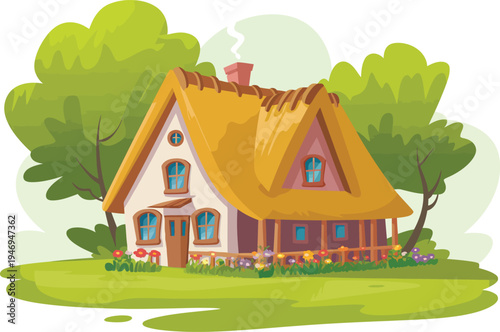Charming cartoon cottage with a thatched roof, surrounded by a vibrant garden and lush trees, set against a whimsical backdrop.