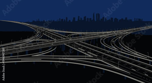 Complex Highway Interchange Road Intersection at Night with City Skyline