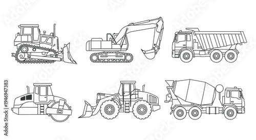 Outline Construction Machinery Set Isolated White Background