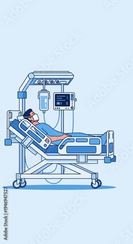 Patient Under Medical Supervision in Hospital Bed, Monitored for Vital Signs and Well Being
