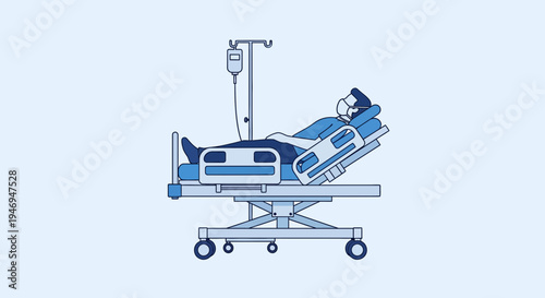Patient Under Medical Care Resting In Hospital Bed With Intravenous Drip And Mask